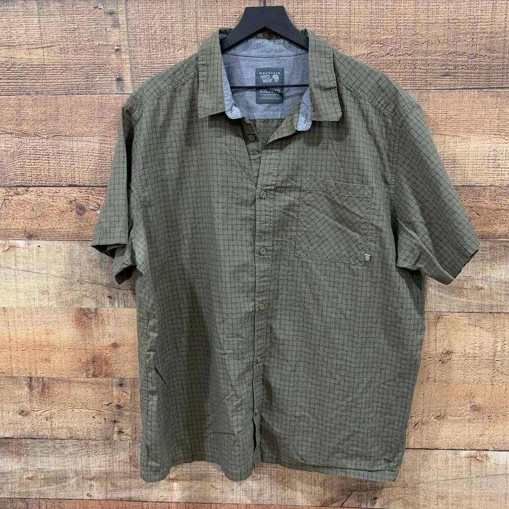 Mountain Hardwear Shirt Mens Size 2XL Green Check Nylon Short Sleeve Button Up